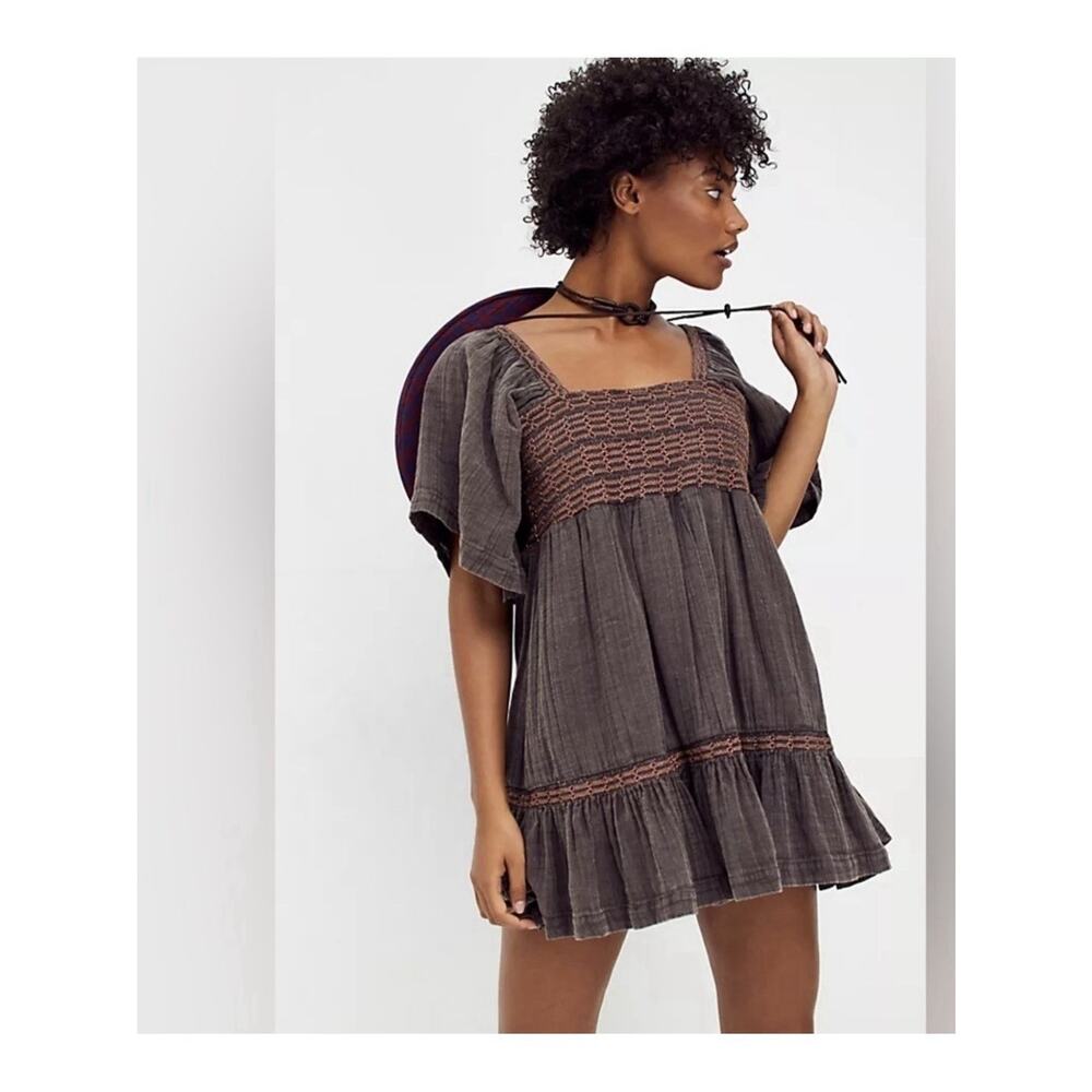 Free People Easy to Love Mini Dress Smocked Cute Romantic Babydoll S